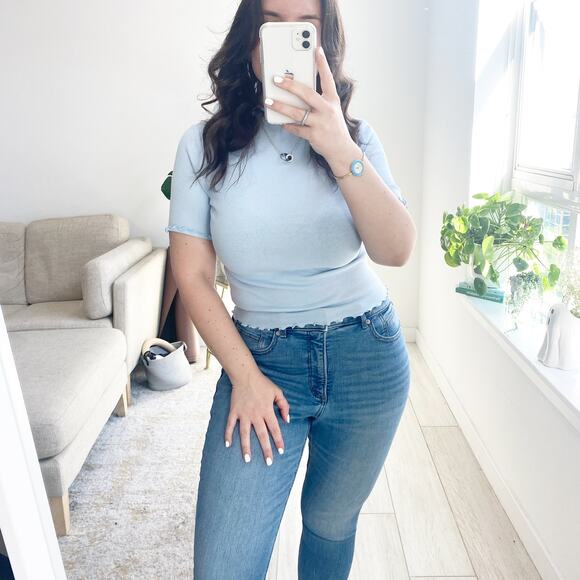 NEW Forever 21 Blue Ribbed Short Sleeve Top Size Medium - Picture 1 of 7